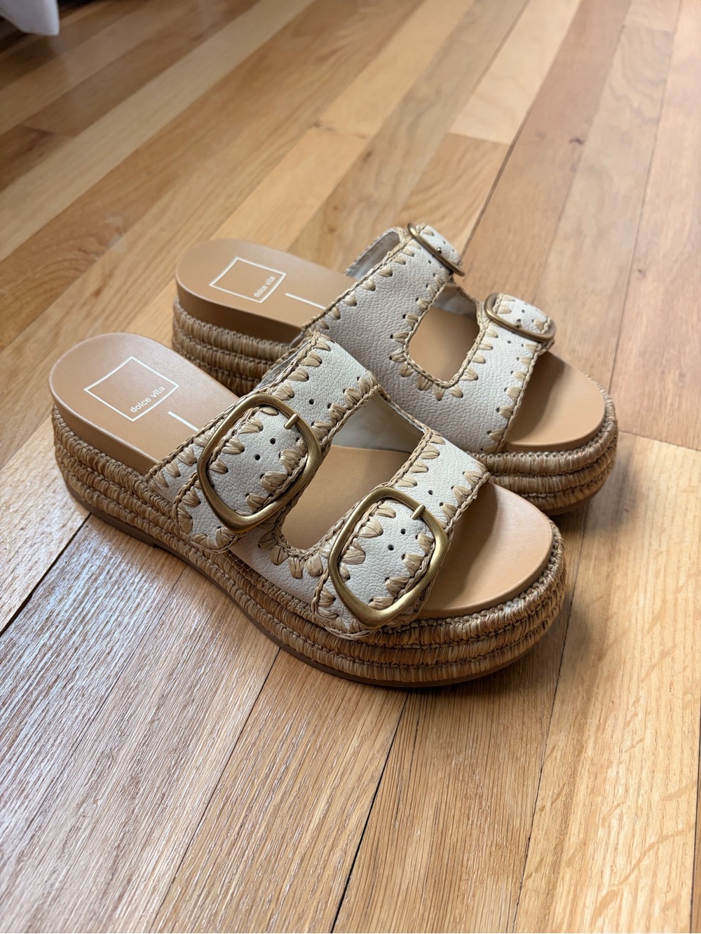 Dolce Vita Cream Espadrille Platform Slide Sandals with Gold Buckles - Picture 2 of 4